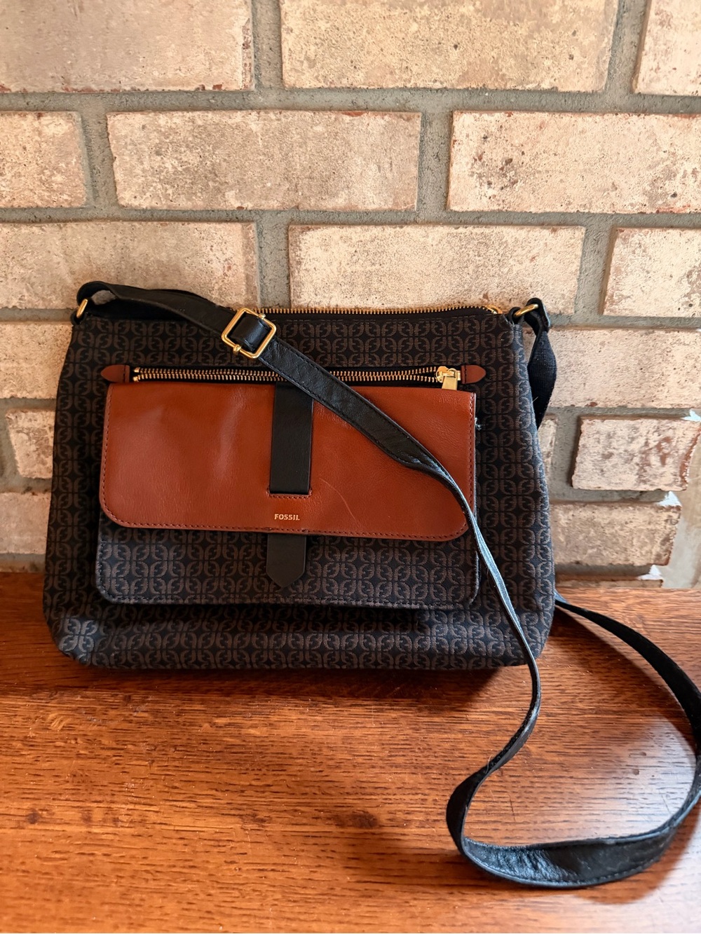 Fossil Brown & Black Signature Logo Crossbody Bag with Gold Hardware